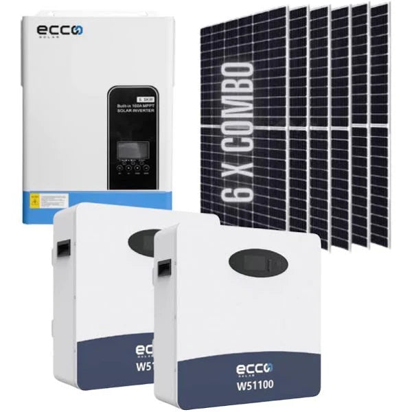 Ecco 6.2kVA Hybrid Inverter and 2x 5.12kWh Ecco 100Ah Lithium Battery + 6x 585W Bifical Mono Crystalline Solar Panels / MPPT 120A / Pure Sine