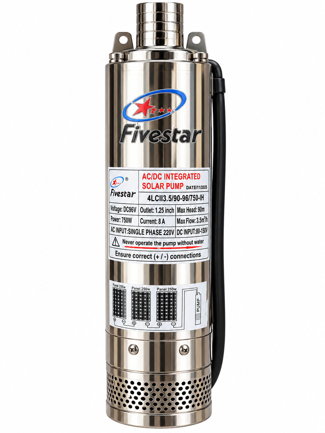 Fivestar 750W AC/DC Solar Borehole Water Pump – 90m Head, 1.25 Inch