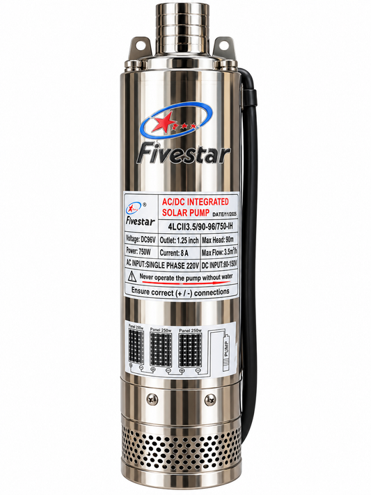 Fivestar 750W AC/DC Solar Borehole Water Pump – 90m Head, 1.25 Inch