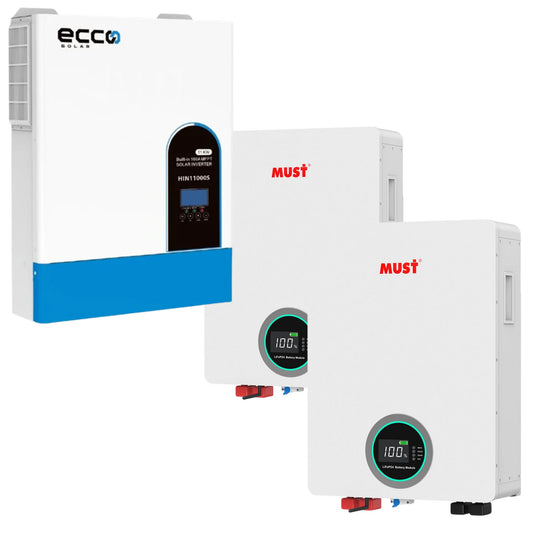 11KVA Ecco Solar Inverter and 2 X 5.12 KWH 100AH Must Lithium Ecco Solar Batteries combo
