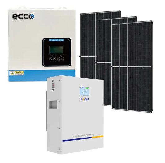 ECCO Solar 3500w Hybrid Inverter and Battery SVOLT 24V 106Ah 2.71 kWh Lithium Battery Plus 3 X 460w Canadian Solar Panels