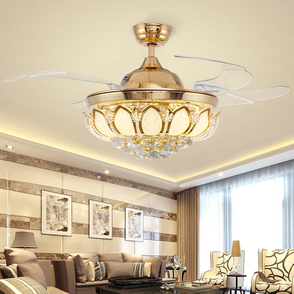 Remote Control Gold Chandelier Retractable Ceiling Fan with Lights